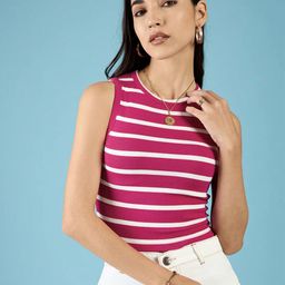 HARPITA Women Striped Round Neck Crop Tank Top-image-82