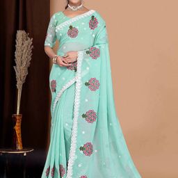 NANDKASHI Floral Embroidered Pure Georgette Saree-39