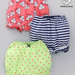 Babyoye Cotton Bloomers Floral & Dot Print Pack of 3 - Light Green Navy Blue Red-image-87
