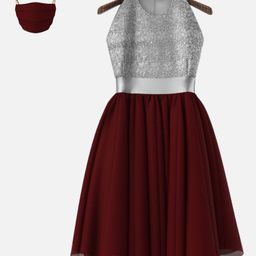 HEYKIDOO Sleeveless Contrast Flared Glitter Finish Yoke Dress With Mask - Maroon-image-15