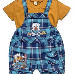 Dapper Dudes Half Sleeves Tee With Checked & Teddy Patch Dungaree - Mustard-image-86