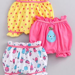 Babyoye Cotton Bloomers Fruits & Polka Dots Print Pack of 3 - White Yellow Pink-image-94