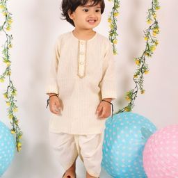 Little Bansi Full Sleeves Golden Trimmed Kurta With Pearl Buttons & Dhoti Set - Cream-image-12