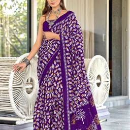 Panzora Floral Block Printed Saree with Unstitched Blouse Piece-3