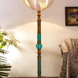 Devansh Beige & Blue Flower Shaped Wooden Traditional Floor Lamp-21