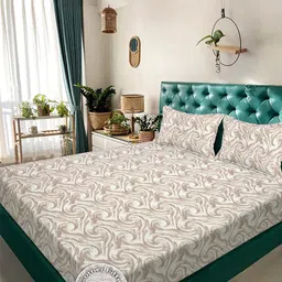 KLOTTHE Beige Abstract 300 TC Fitted Double King Bedsheet With 2 Pillow Covers-picture-8