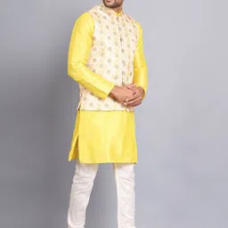 Sadree Mandarin Collar Dupion Silk Kurta And Churidar With Nehru Jacket Set image 3