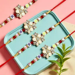 ADIVA Set of 4 Floral Beaded Thread Rakhi With Greeting Card Roli Chawal Chandan & Mishri-image-5
