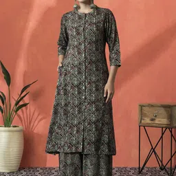 Sangria Floral Printed Mandarin Collar Cotton A-Line Kurta With Palazzos-23