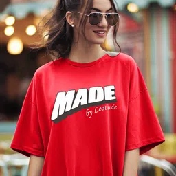 Leotude Women Typography Printed Round Neck Cotton Oversized T-shirt-image-93