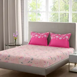 Portico Sparkle Pink & White Floral Cotton 128 TC Double Queen Bedsheet Set-2.24m x 2.54m-image-26