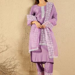 Indo Era Women Floral Embroidered Regular Thread Work Kurta with Trousers & With Dupatta-image-71