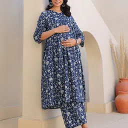 Janasya Women Floral Printed Pleated Pure Cotton Kurta with Trousers-picture-28