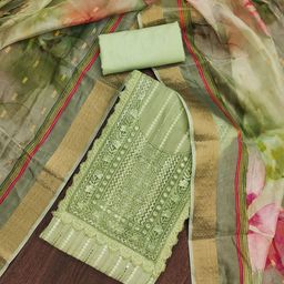 HERE&NOW Striped Embroidered Embellished Roman Cotton Silk Unstitched Dress Material-image-56