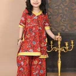 Superminis Girls Floral Printed Regular Gotta Patti Pure Cotton Kurti with Sharara-image-4