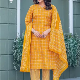 ARADHNA Floral Printed V-Neck Pure Cotton Straight Kurta With Trousers & Dupatta-picture-53