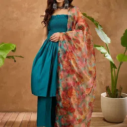 InWeave Women Smocked Anarkali Kurta with Palazzos & Dupatta-picture-37