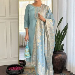 URMIR FASHION Floral Yoke Design Thread Work Chanderi Silk Kurta With Trousers & Dupatta-picture-14