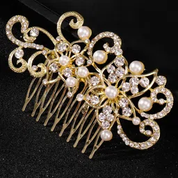 Peora Women Gold Plated Floral Pearls & Studded Hair Comb Pin-image-72