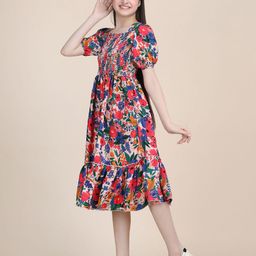 PaheliRani Girls Floral Puff Sleeve Smocked Crepe Fit & Flare Midi Dress-image-32