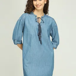 IZEL Women Denim Mandarin Collar Roll-Up Sleeves Sheath Dress-image-60