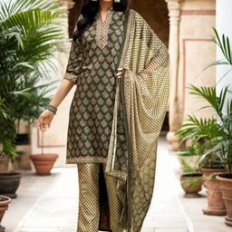 Anouk Rustic Floral Printed Mandarin Collar Straight Kurta With Trousers & Dupatta-picture-3