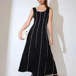 Globus Scoop Neck Stripes Design Flared Hem A-Line Maxi Dress-image-61