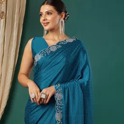 KALINI Turquoise Blue Satin Embellished Sarees-picture-22