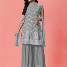 PARROT CREATION Floral Embroidered Georgette Kurti With Sharara And Dupatta-image-31