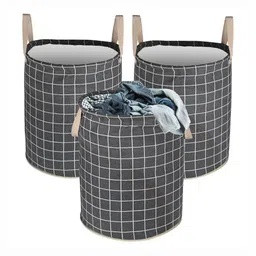 Aura 3-Pcs Grey Checked Cotton Foldable Laundry Bags With Handle - 60L-23
