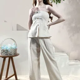 Boho by Athena Linen Peplum Top With Trousers Co-Ord Set-image-89