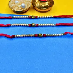 ORANGENYSHA Set Of 3 Beaded Cotton Thread Rakhi With Rholi Chawal-12