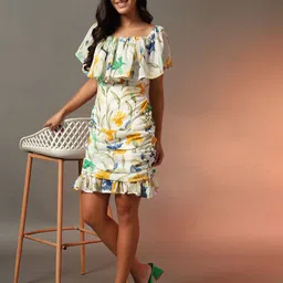 CORSICA Floral Printed Flutter Sleeve Georgette Bodycon Dress-image-14