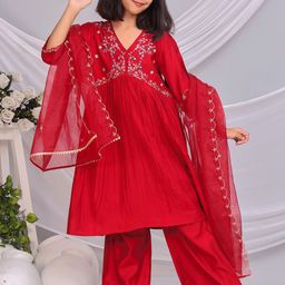 misbis Girls Embroidered Regular Sequinned Kurti with Palazzos & With Dupatta image 5