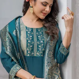 Twika Floral Yoke Design Straight Kurta With Trouser And Dupatta image 3