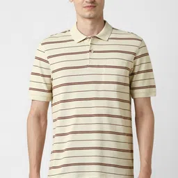 peter england Men Striped Polo Neck Pure Cotton Beige T-Shirt-picture-21