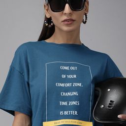 Roadster Women Blue Typography Printed Drop-Shoulder Sleeves Pure Cotton Boxy T-shirt-image-70