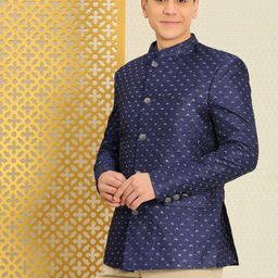 House of Pataudi Ethnic Motifs Embroidered Thread Work Sequinned Bandhgala Jashn Blazer-image-51