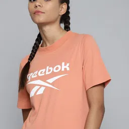 Reebok Women Peach-Coloured Brand Logo Printed Training or Gym T-shirt-image-4