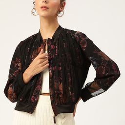 Antheaa Women Black & Pink Floral Print Net Bomber Jacket-26