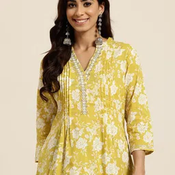 HERE&NOW Floral Printed Mirror Work Pure Cotton Mirror Work Pleated Kurti-picture-43