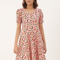 BRINNS Peach-Coloured Floral Crepe A-Line Dress-image-52