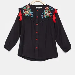 Bella Moda Girls Black Solid Shirt-Style Top with Embroidered & Tasselled Detail-11