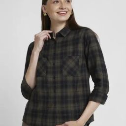 Spykar Olive Cotton Checks Shirt-image-40
