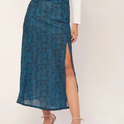 Moomaya Teal Georgette Printed Skirt-image-43