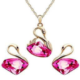 Peora Gold Plated Cute Swan Pink Crystal Pendant Necklace with Earrings Set-image-93