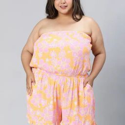 Oxolloxo Orange & Pink Floral Print Beachwear Playsuit-image-61