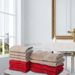 BIANCA [12pc] Zero-Twist 100% Cotton Ultra-Fluffy Towels -4pc Hand, 8pc Face (paradiso)-wheat/burg-image-22