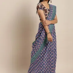 Kalakari India Blue Cotton Printed Saree With Unstitched Blouse-picture-18