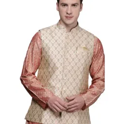 Manyavar Beige Regular Fit Self Pattern Nehru Jacket-image-0